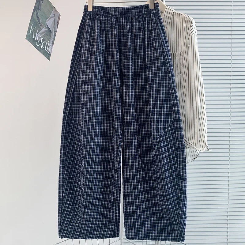 Summer Casual Plaid Loose Feel Women's Pants Harajuku Style Comfortable Cotton Vintage Checkered Loose Fit Trousers
