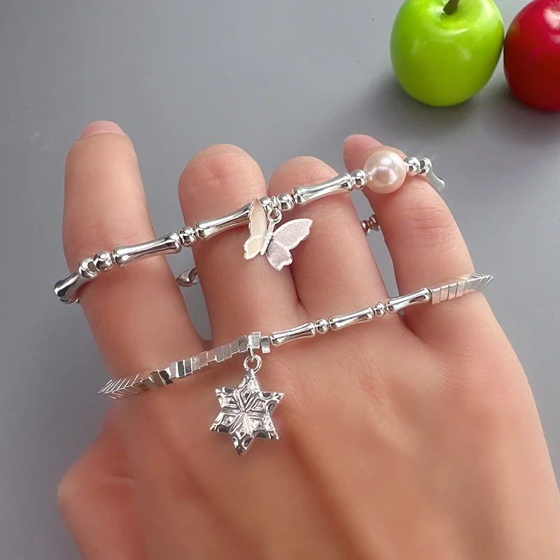 100% 925 Sterling Silver Natural Pearl DIY Beads Snowflake Butterfly Bamboo Joint Elastic Bracelet For Women Birthday Gift