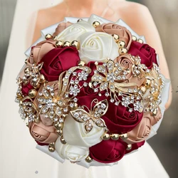 1pc/lot  Burgundy Bridal And Bridesmaid Bouquets Exquisite Rhinestones Silk Roses And Pearls Handmade Sisters Wedding Bouquets