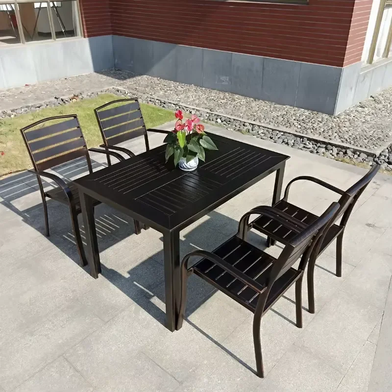 Aluminum Coffee Table Set Wood Grain Metal Square Patio Furniture 4 Chairs Outdoor Garden Bistro Restaurant