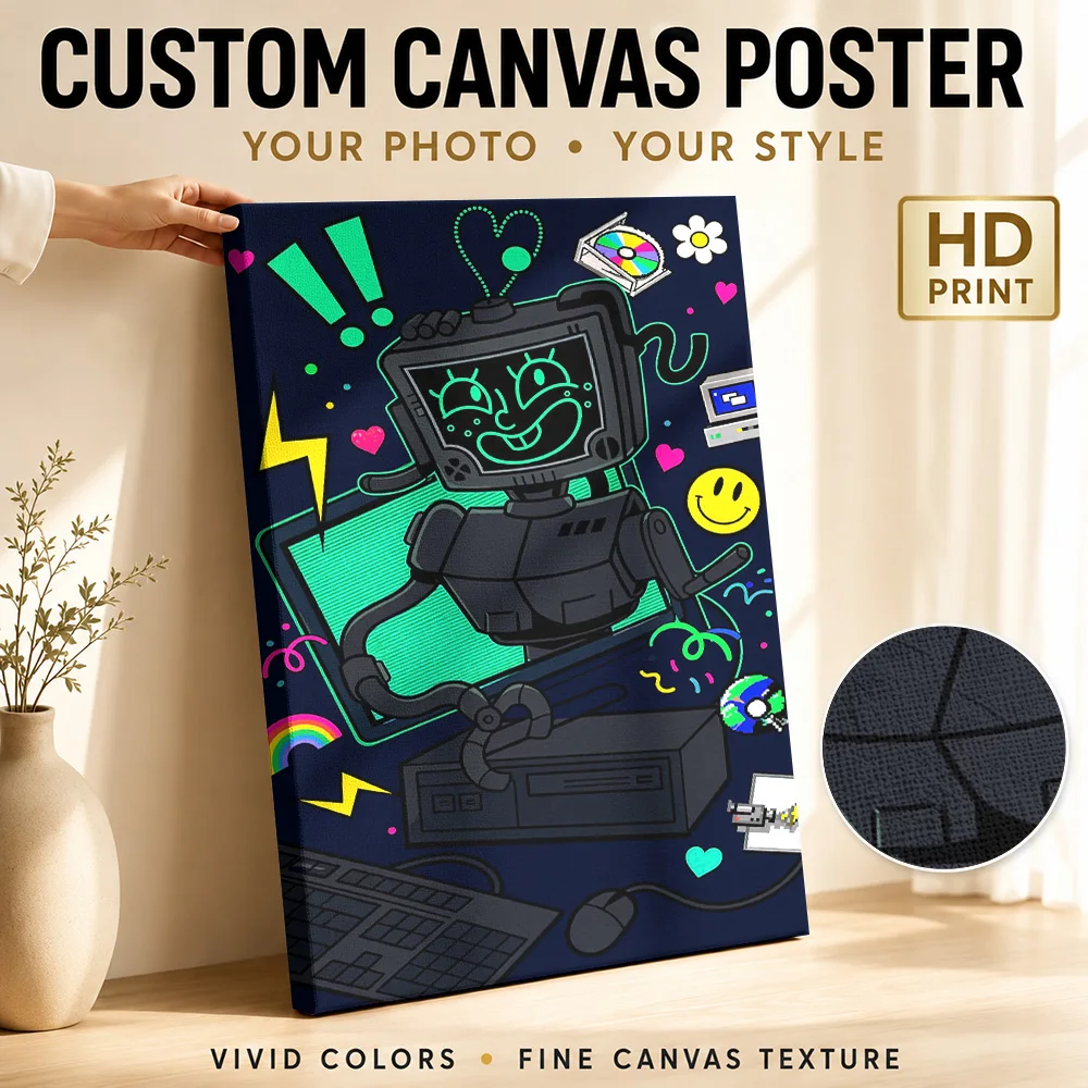 Inscryption Robot At Computer Canvas Print Customized Photo Retro Neon Illustration Wall Art For Home Office Game Lover Gift