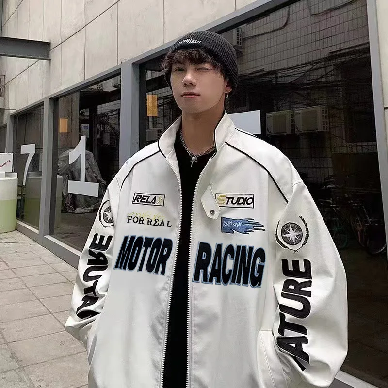 

Men Moto Biker Jacket Embroidered varsity Leather jacket oversized Faux Leather Coat Spring Autumn PU Windbreaker Racing Outwear