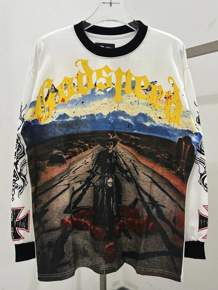 

Godspeed Men's Long Sve T-irt Cotton Pure American Loose Hip Hop Skeleton Motorcycle Letter Print Base irt