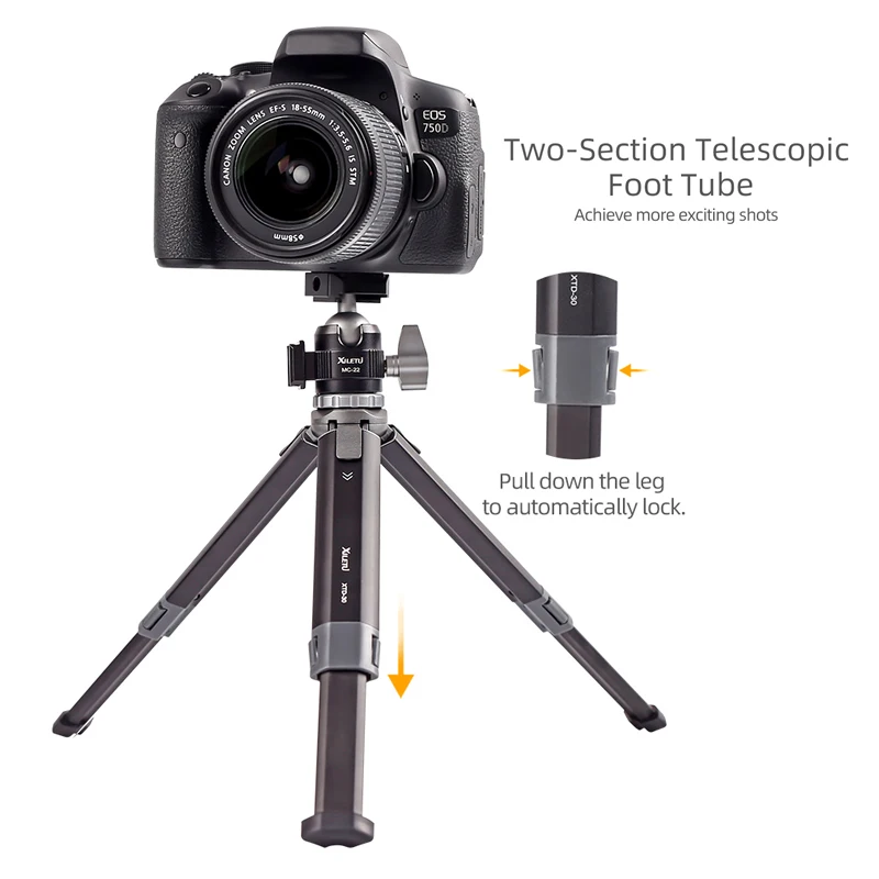 XILETU XTD30-MC22 Mini Dual Cold Shoe Ball Head Tripod Telescopic Tripod Extendable Desktop Bracket for DSLR Mirrorless Camera