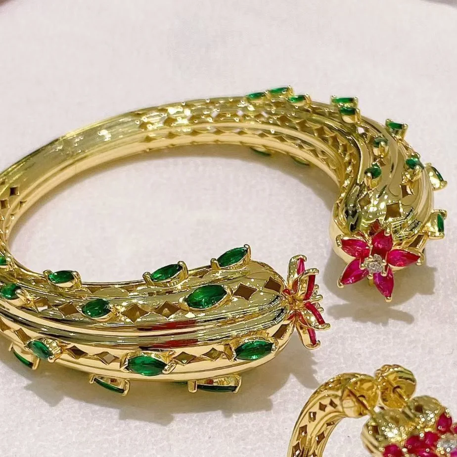 925 Silver Lab Red Corundum Green Emerald Gemstone The Desert Flower of Cacti Cuff Bangle Hoop Earrings Open Rings Jewelry Set - view 5