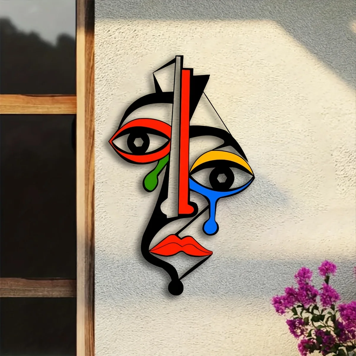 Picasso-inspirierte Metall-Wandkunst, farbenfrohe kubistische Gesichtsskulptur mit kräftigem geometrischem Design, abstrakte moderne Dekoration für das Wohnzimmer – Detail 10