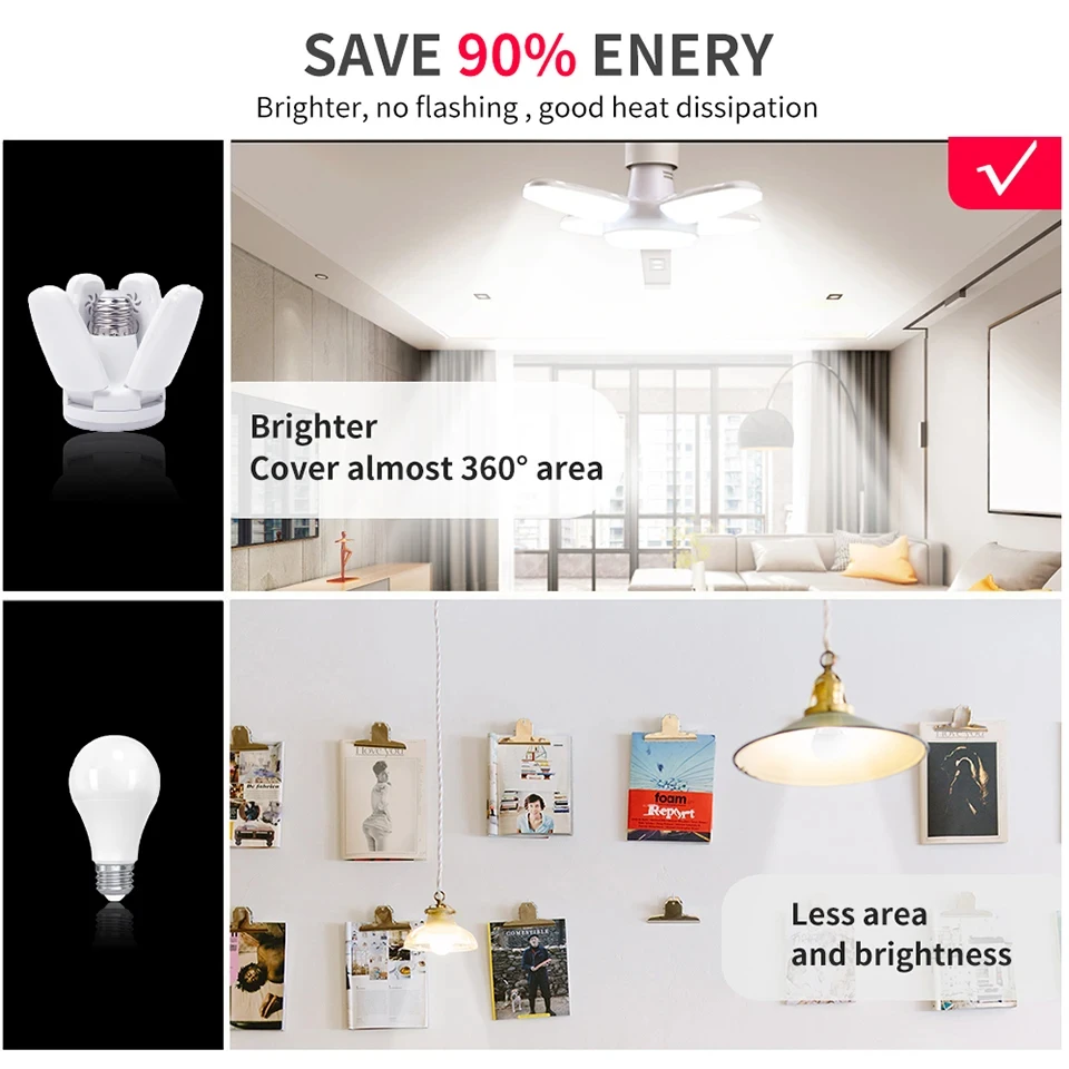 Ampoule LED pliable en forme d'éventail E27, 28W, déformation AC220V/110V, pour plafonniers domestiques, entrepôt et Garage, feuille blanche 6500K