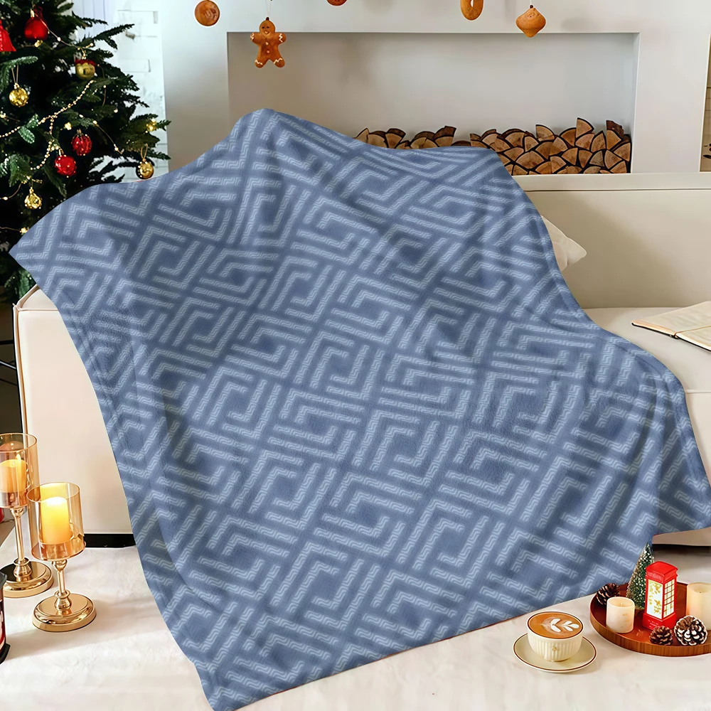 Denim Blue Geometric Greek Key Flannel Blanket Soft Fuzzy Plush Cozy Lightweight Throw for Sofa Bed Couch Home Decor