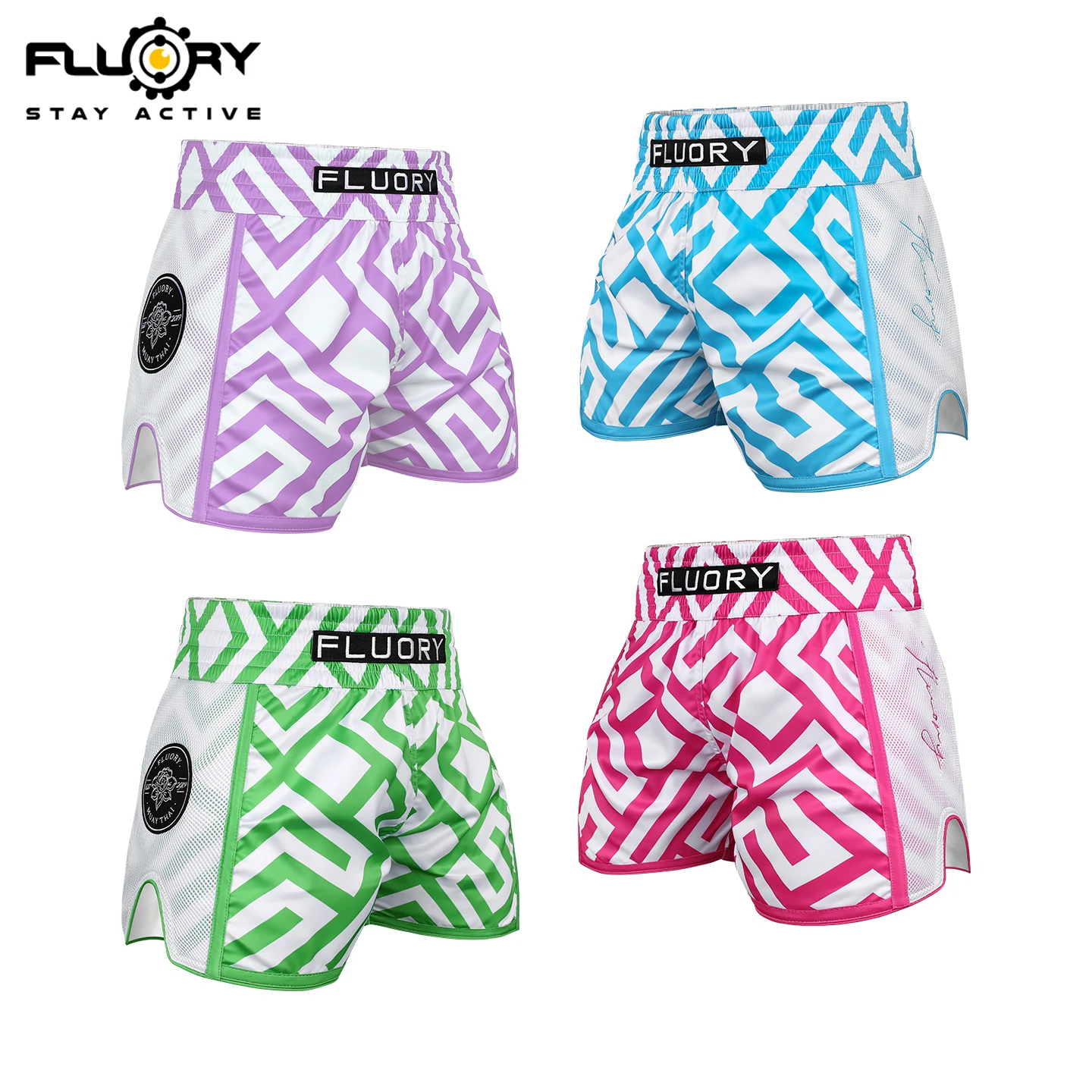 FLUORY four-color geometric contrasting mesh splicing Muay Thai shorts, gym training boxing sports pants