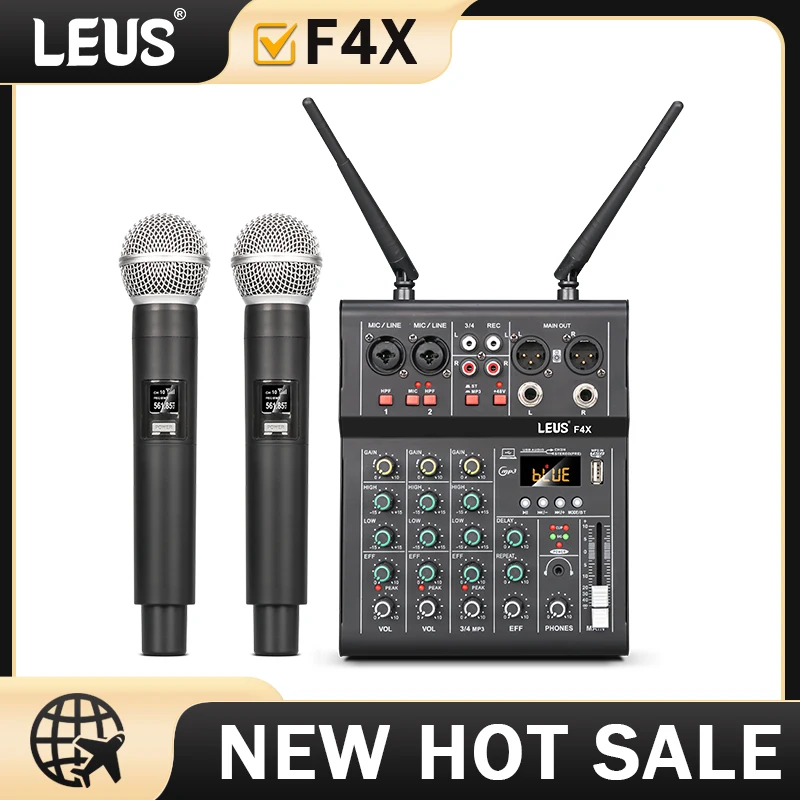 LEUS F4X Audio 4 Channel Sound Mixer With Dual UHF Wireless Microphone DJ Console Mixing for karaoke Party PC Studio Recording