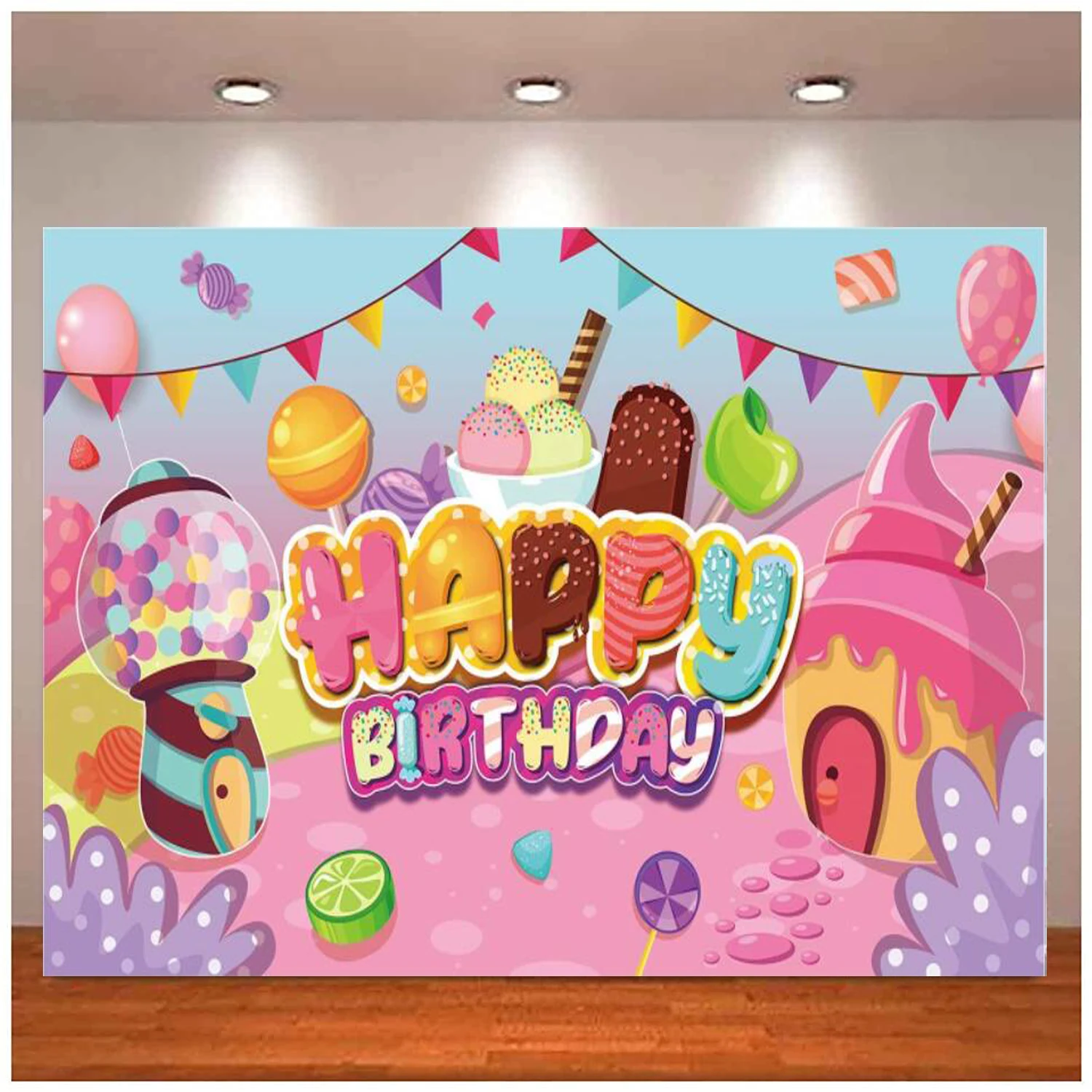 

Candyland Donut Ice Cream Banner Photography Backdrop Large Sweet Candy Happy Birthday Party Yard Sign Backgroud Decoration