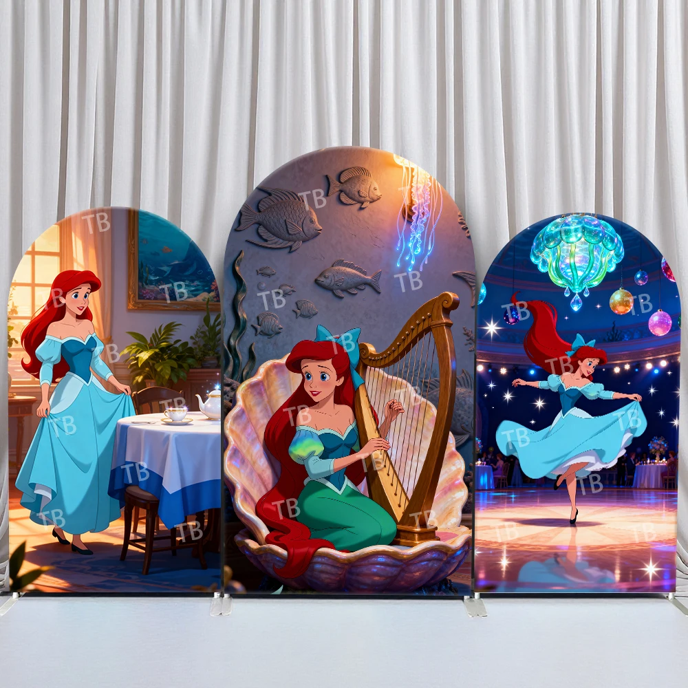 

Disney Ariel Arch Backdrop Cover Harp Shell Banquet Underwater Scene for Birthday and Baby Shower Party Photo Booth Decor Props