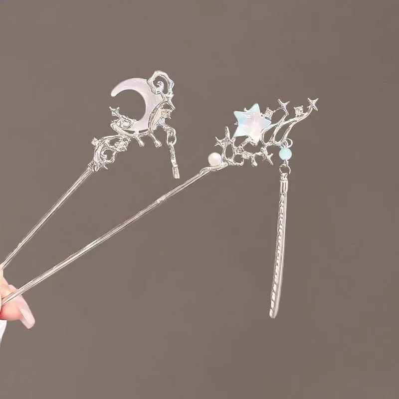 Romantic Moonstone Star Moon Hair Sticks for Women Chinese Style Cross Tassel Hairpin Disk Hair Chopsticks Hair Accessories