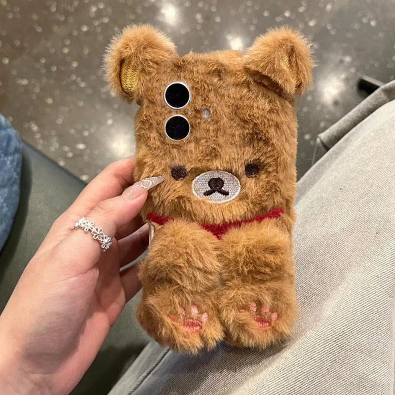 Luxury brown white bear Fluffy Fur phone case protection for iPhone 17 16 15 13 12 11 14 Pro Max XR 7 8 Plus Lovely Plush Coque