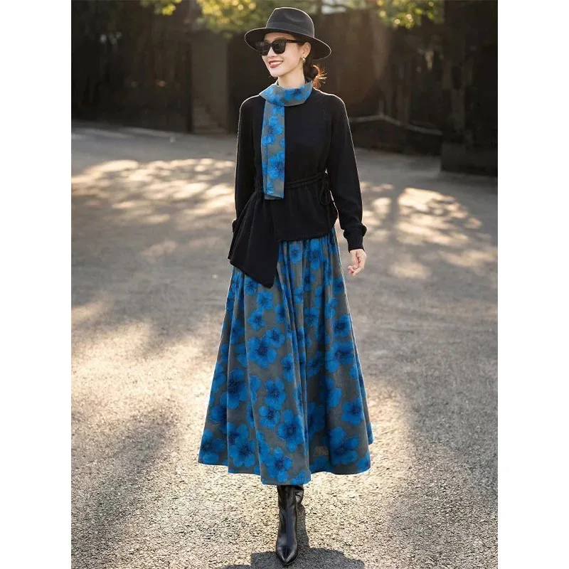 Women Long Blue Floral Skirts New Spring Summer Elastic High Waisted Skirts Fashion Elegant Loose Pleated A-Line Maxi Skirts