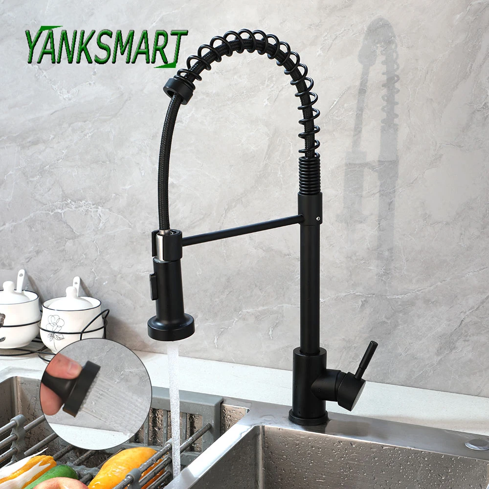 

YANKSMART Pull Out Spring Kitchen Faucet Single Handle Sink Faucets 360 Rotation Stream Sprayer Head Mixer Tap Black & Chrome