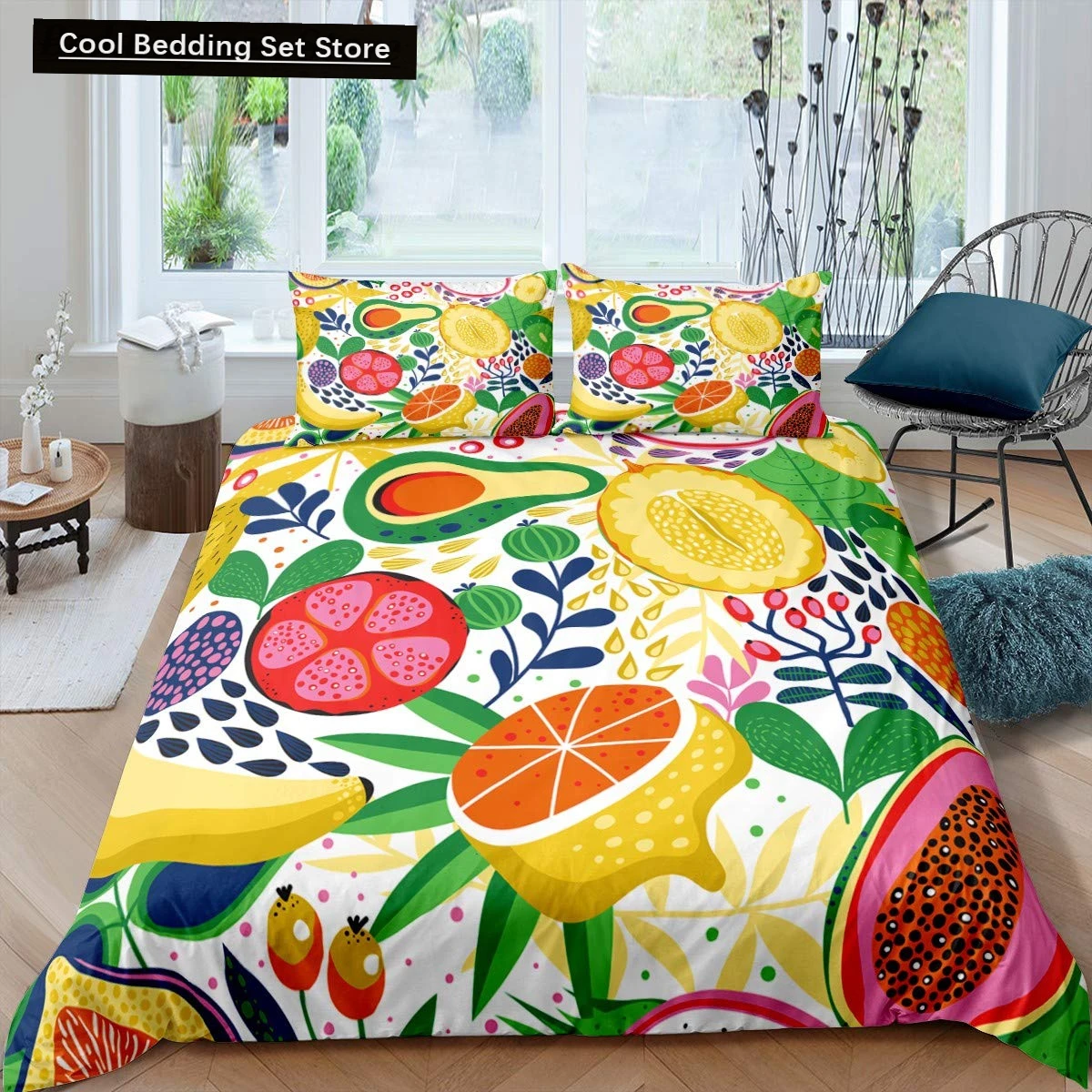 

Lemon Fruit King Queen Duvet Cover Summer Cartoon Vegetable Plant Bedding Set for Kids Teens Adults Papaya Polyester Quilt Cover