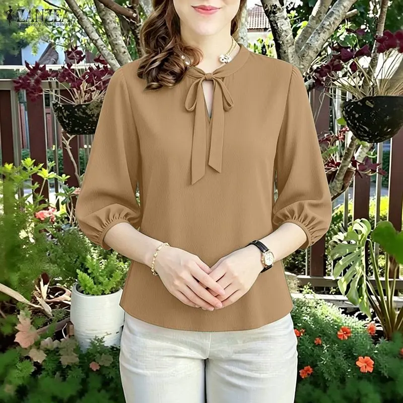 

2026 ZANZEA Summer Women Tops Solid Color Blouse Casual O Neck Short Sleeve Blusas Female Elegant OL Work Shirt Lace Up Mujer
