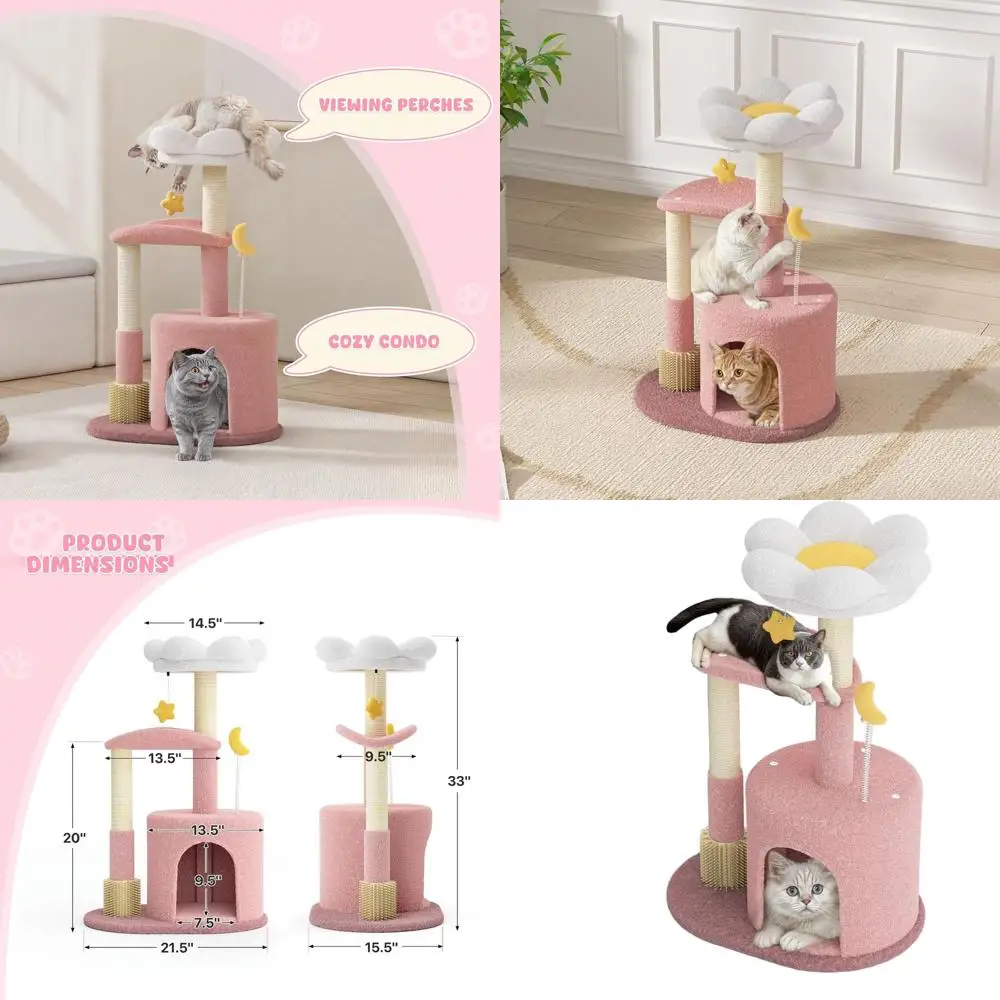 

Компактная домашняя кошачья башня с домиком, когтеточками, лежанкой-цветком и игрушками для котят и маленьких кошек, розовая