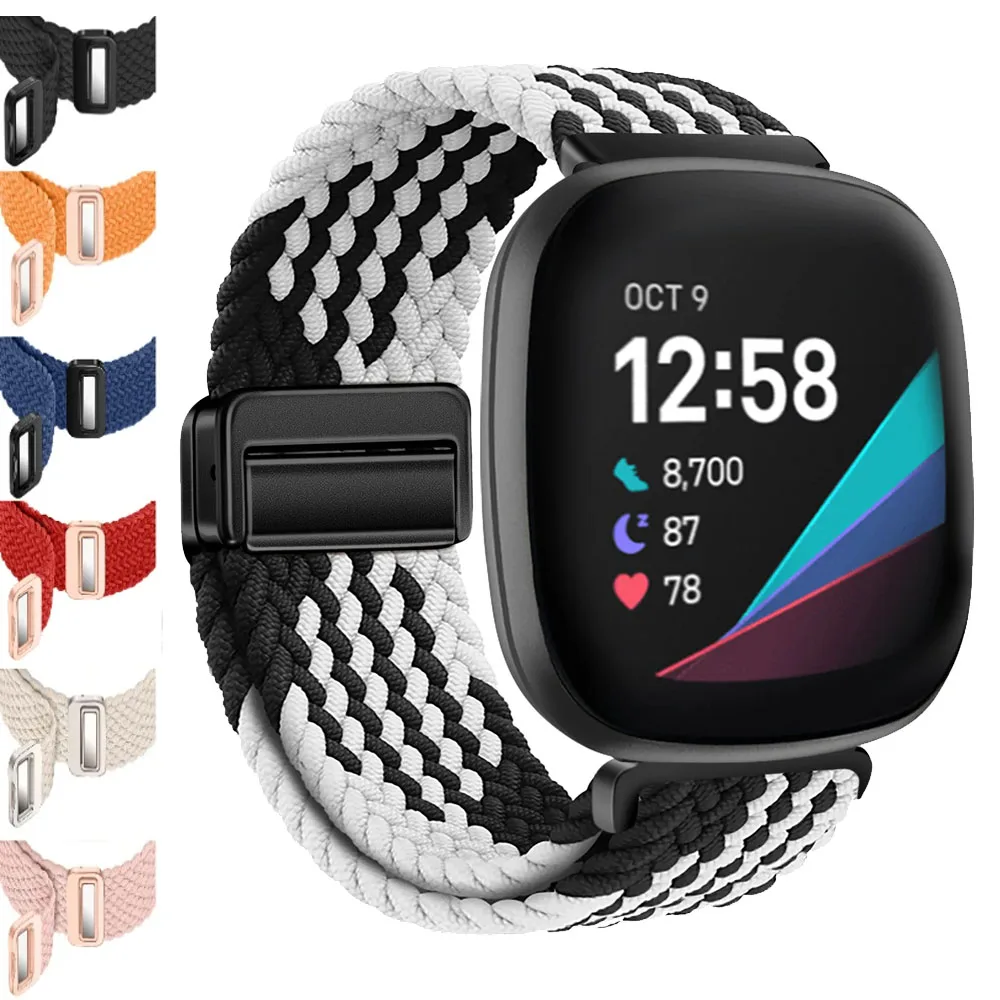 Magnetic Nylon Braided Strap For Fitbit Versa 4/3 Adjustable Metal Bracelet Wristband For Fitbit Sense 2/1 Accessories Watchband