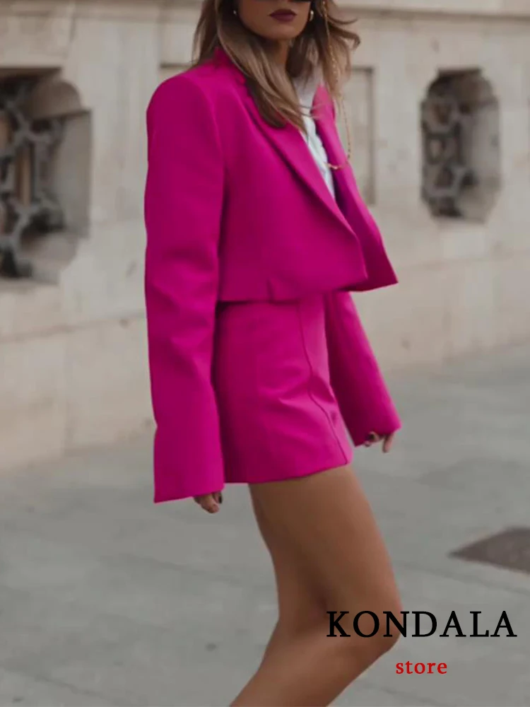 KONDALA Office Lady Rosered 2 Piece Blazer Women Suits V Neck Short Blazer Women+High Waist Shorts Skirt Female Fashion 2022 Set