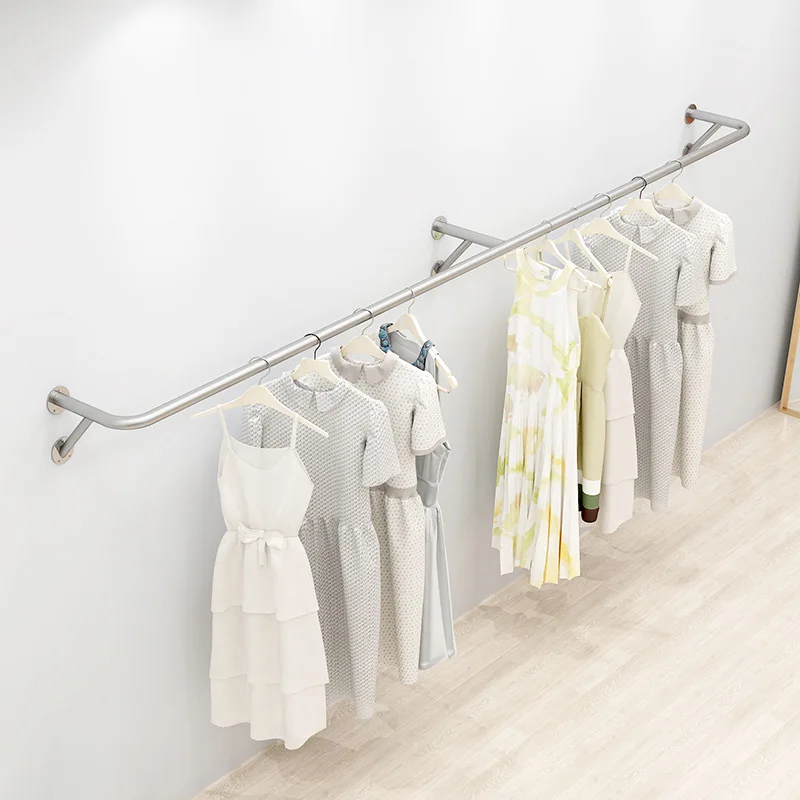 Women's clothing store on the wall clothing display rack Wall-mounted stainless steel brushed silver children's clothing