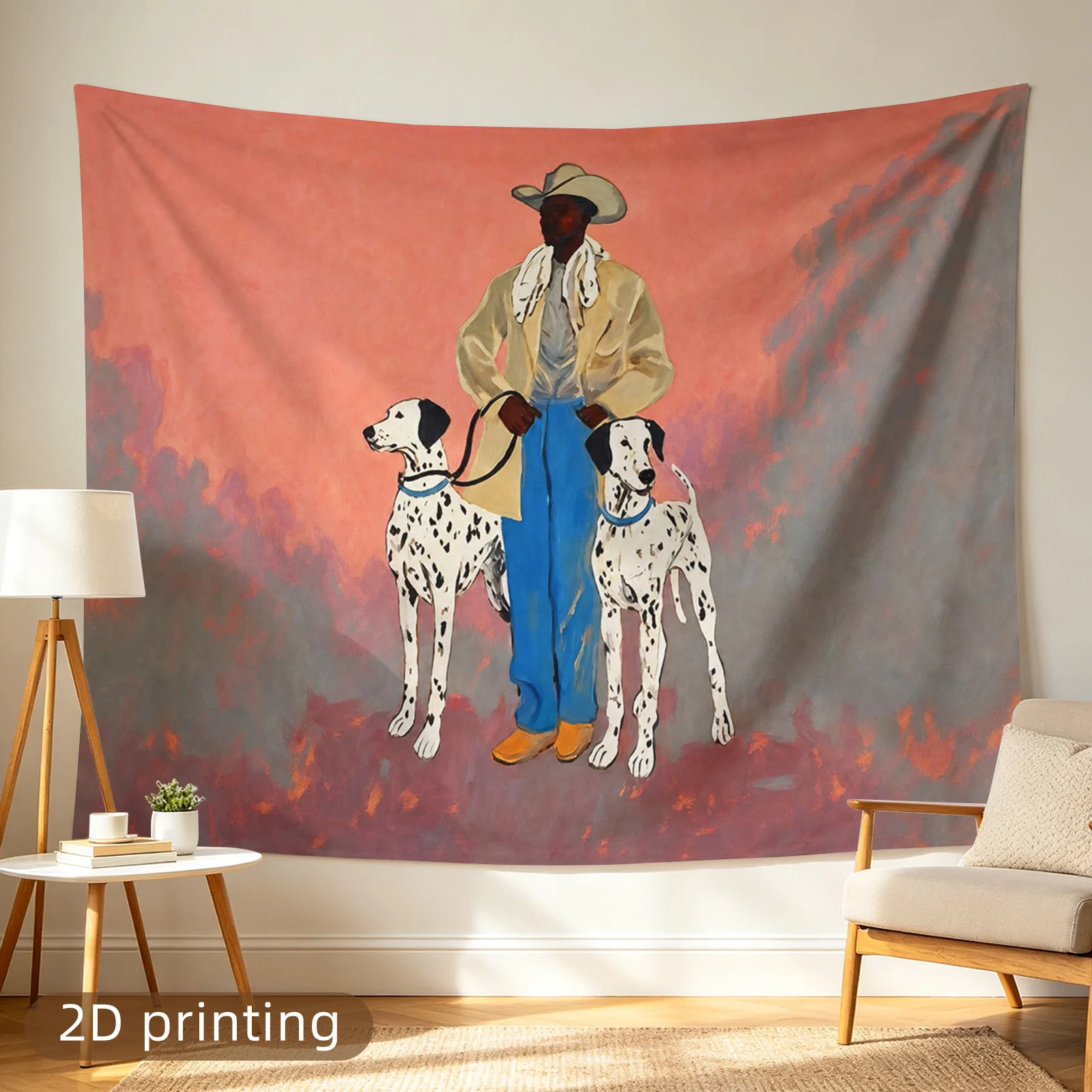 Large Boho Tapestry Wall Hanging Dog Duo Art Ethnic Man Pet Portrait Bohemian Textile Polyester Print for Living Room Home Decor