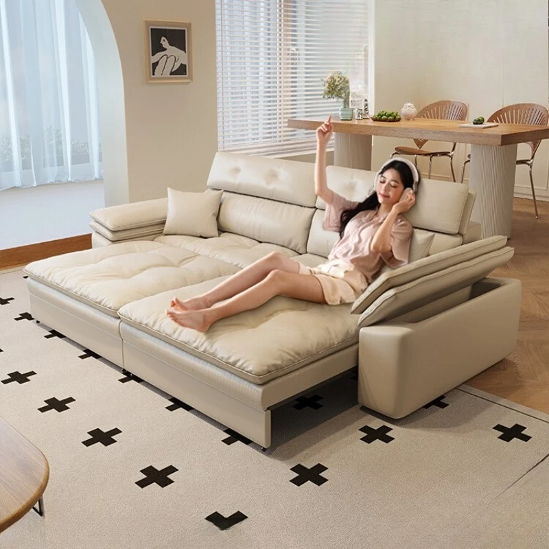 

Cream wind zero wall leather sofa electric sofa straight row living room small apartment retractable sofa bed new