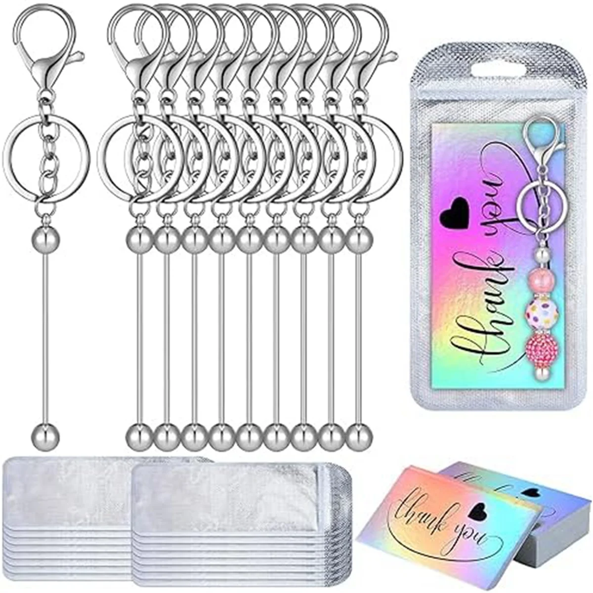 

DIY Key Chain Supplies Including Beaded Key Chains Resealable Bags Holographic Thank You Cards DIYcrafts Jewelry Making