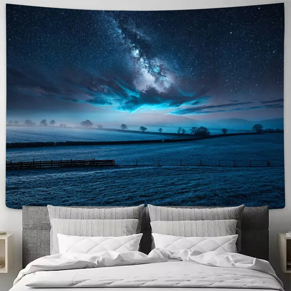 Blue Starry Night Landscape Tapestry, Milky Way Galaxy Over Misty Field Wall Hanging, Dark Sky Scenery Backdrop Bedroom Decor