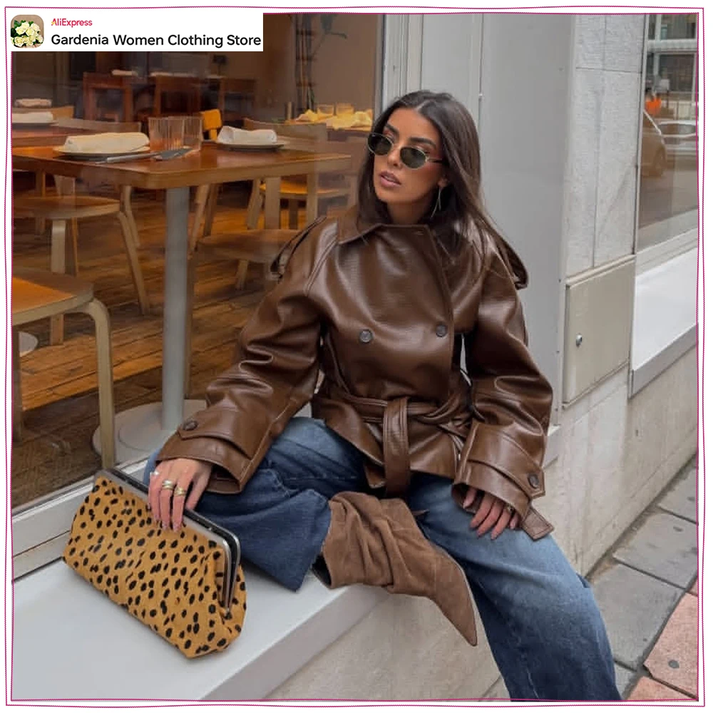 

Elegant Chic Faux Leather Short Trench Coats for Women Stylish Lapel Collar Self-tie Belted Outwears with Shoulder Tabs & Cuffs