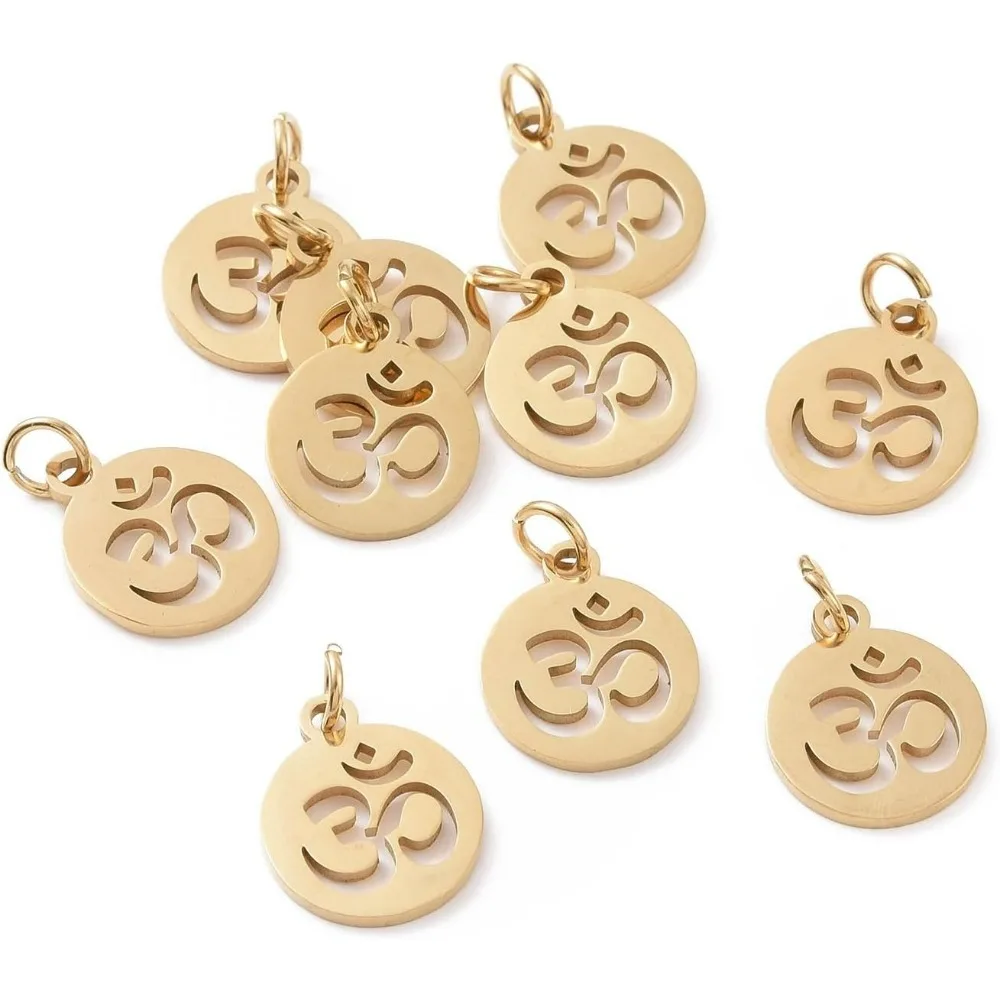 10 шт. Подвески из нержавеющей стали 304 с кольцом для прыжков, плоские круглые, с подвеской из Ом/Аум, золотые, 14x12x1,1 мм, отверстие: 3 мм