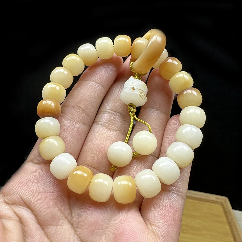 White Jade Bodhi Root Charcoal-Charred Barrel Bead , Single-Loop Handheld Fortune Cat Bracelet