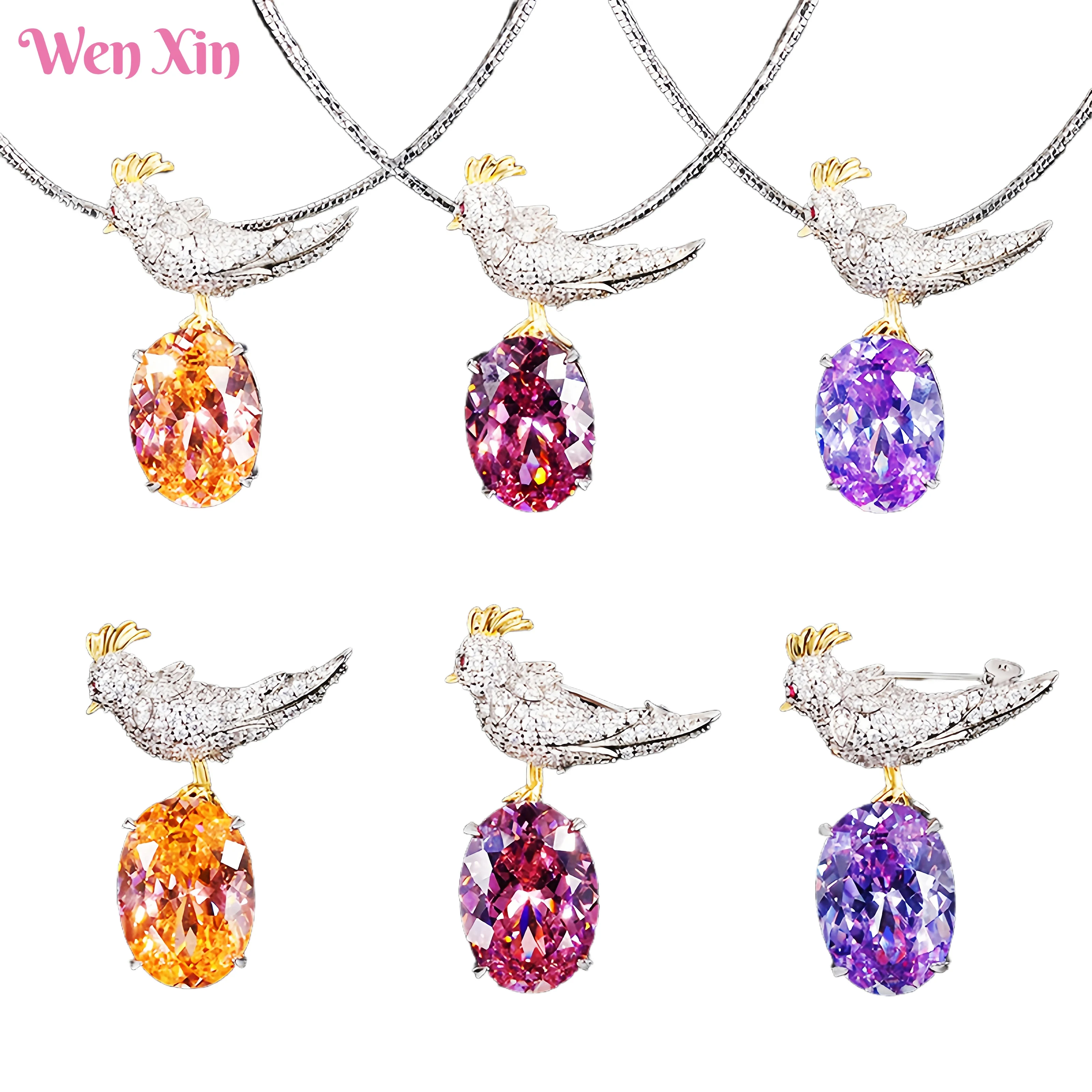 

WENXIN Brand MUSHAN Luxury Brand Designer Rainbow Bird Pendant Necklace Retro Magpie Brooch Necklace Jewelry Set
