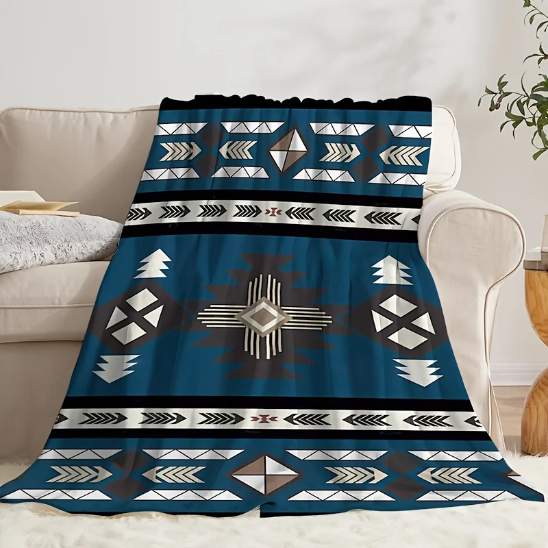 1pc Bohemian Style Flannel Blanket – Soft Aztec-Inspired Throw with Geometric Patterns in Blue, White, Black & Golden – Perfect