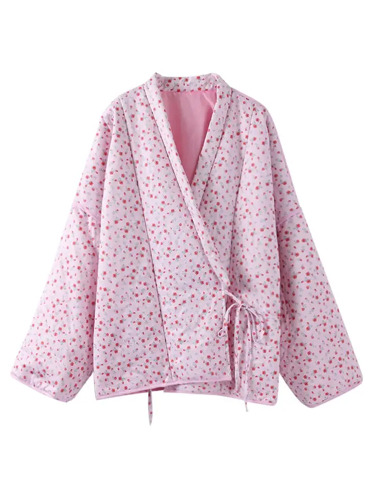 Cappotti trapuntati con lacci impiombati stampati allentati Cappotti oversize a maniche lunghe con scollo a V 2024 Autunno Inverno Lady Street Cotton Outwear