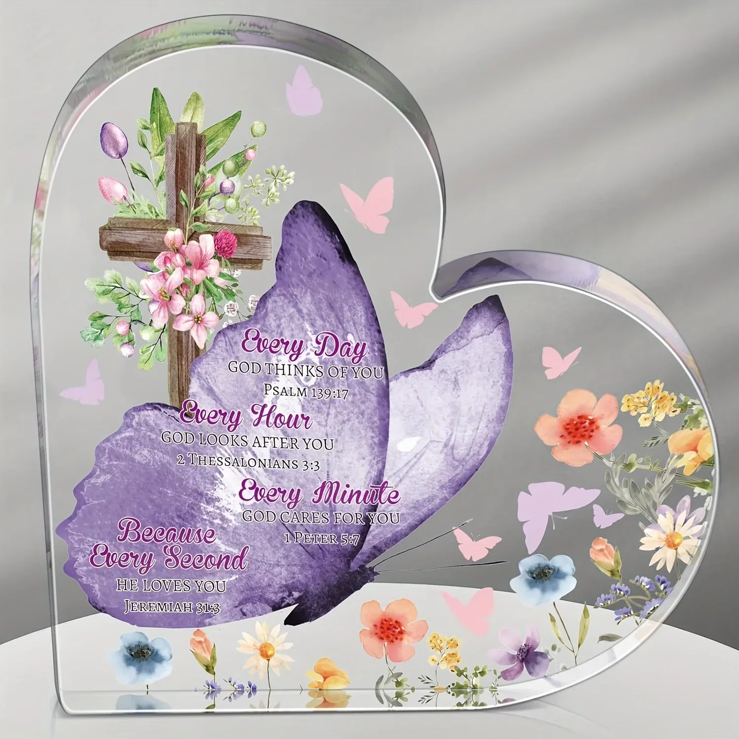 1pc,Christian Gifts for Women Heart Acrylic Plaque Purple Butterfly Cross Wildflower Christian Bible Verse Desk Decor