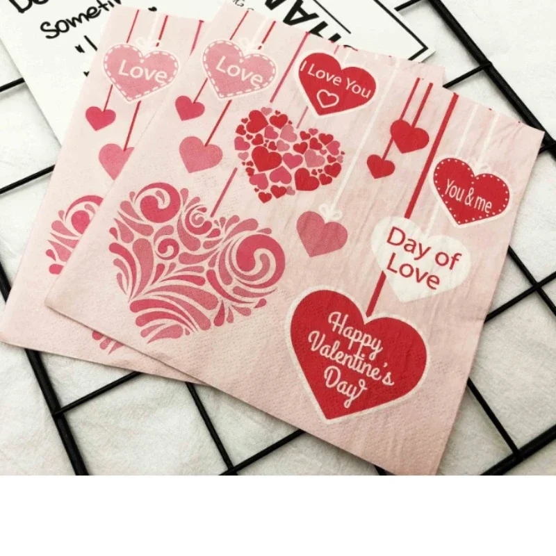 Heart Shaped Colourful Printed Napkin Wedding Valentine's Day Facial Tissue Proposal  Decoration Wine Glass Flower Paper 20pcs/P