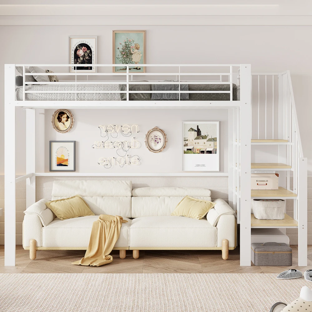 Stabiles Hochbett aus Metall, 90 x 200 cm/140 x 200 cm, mit geräumigem Stauraum unter dem Bett und Treppe für Kinder und Erwachsene, Bettgestelle und -gestelle – Detail 2