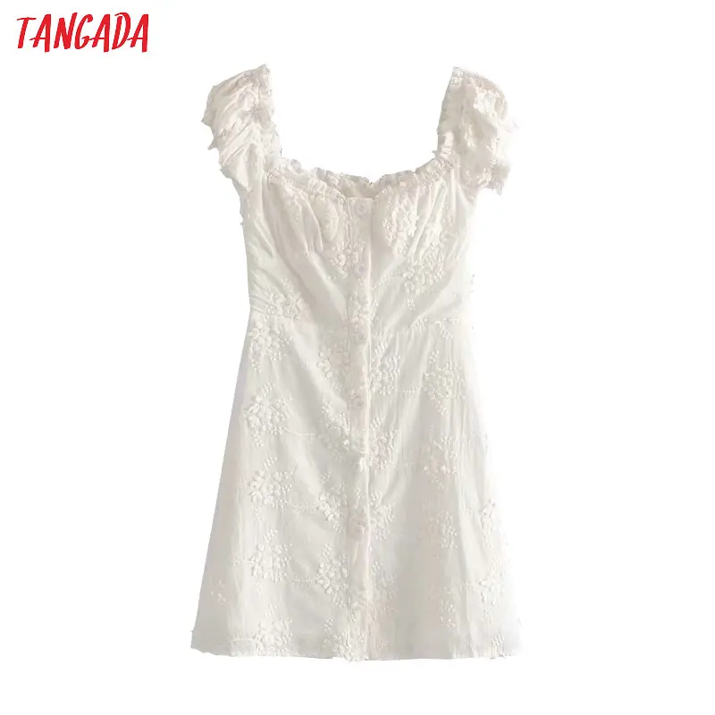 Tangada fashion women white embroidery cotton dress French style short sleeve ladies summer beach dress vestidos 1T17