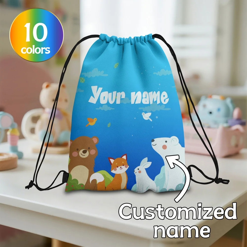 Custom Name Cute Forest Arctic Animals Drawstring Backpack Personalized Bear Fox Polar Bear Sackpack Kids Sports Drawstring Bag