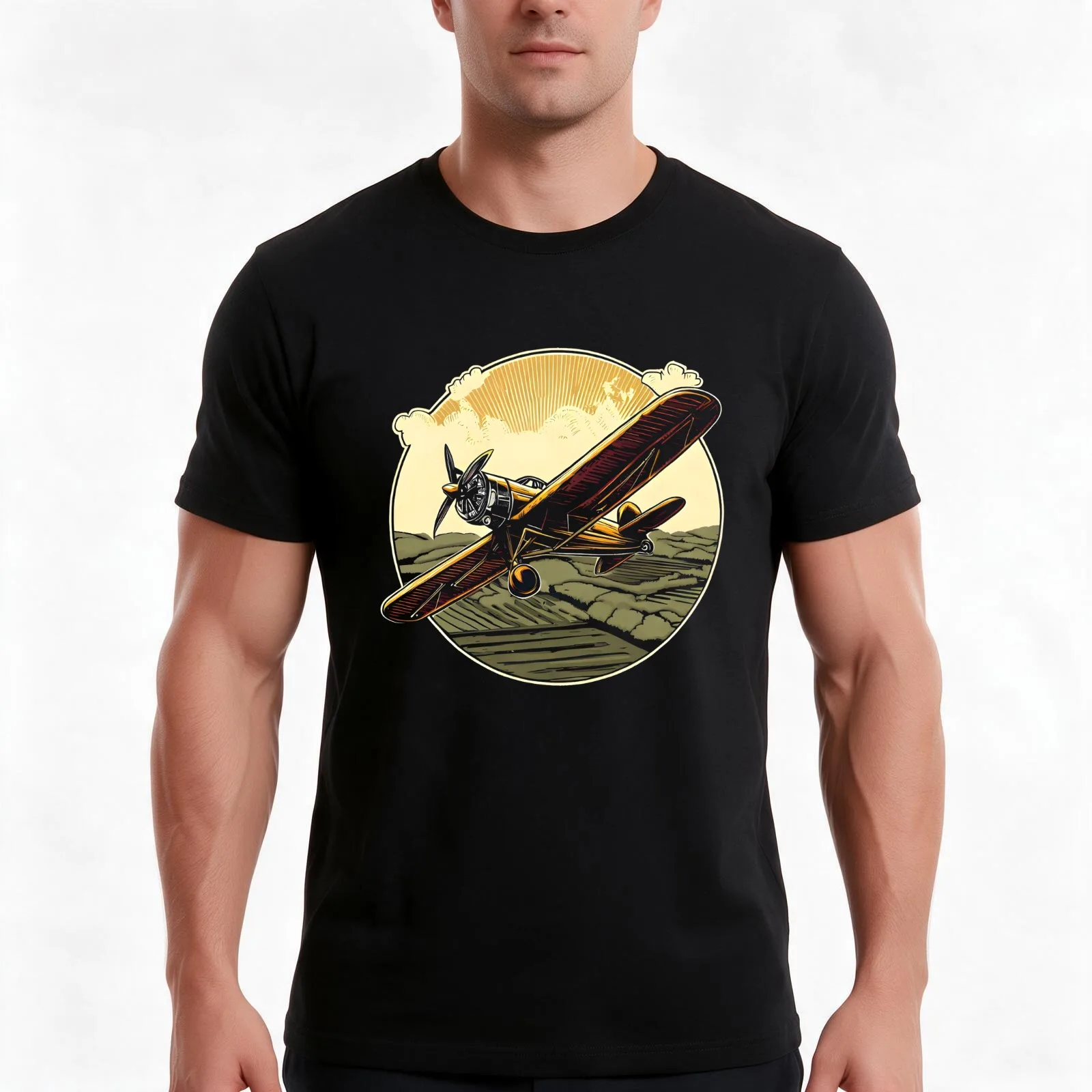 A vintage biplane soaring over a countryside with a propeller spinning in motion. T-Shirt, Summer Casual Cotton Tee, 100% Cotton