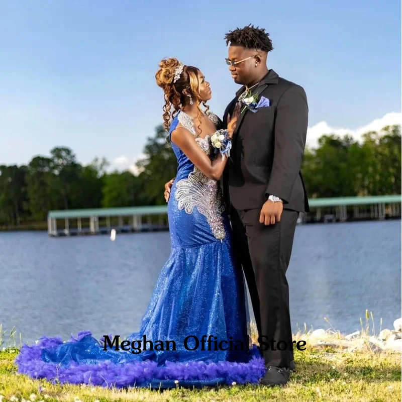 

Роскошное блестящее платье для выпускного вечера 2021, синее платье со стразами и блестками, черные девушки, хрустальные бусины, перья, русалка, вечернее праздничное платье