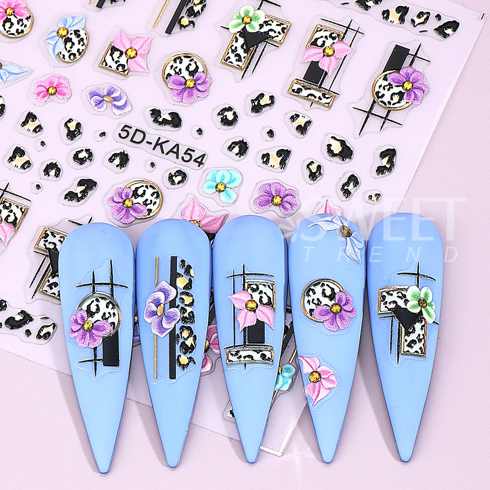 5D ليوبارد طباعة زهرة مسمار الفن ملصقات ذاتية اللصق فراشة الهندسة الأزهار مسمار الشارات مانيكير زينة مستلزمات الأظافر