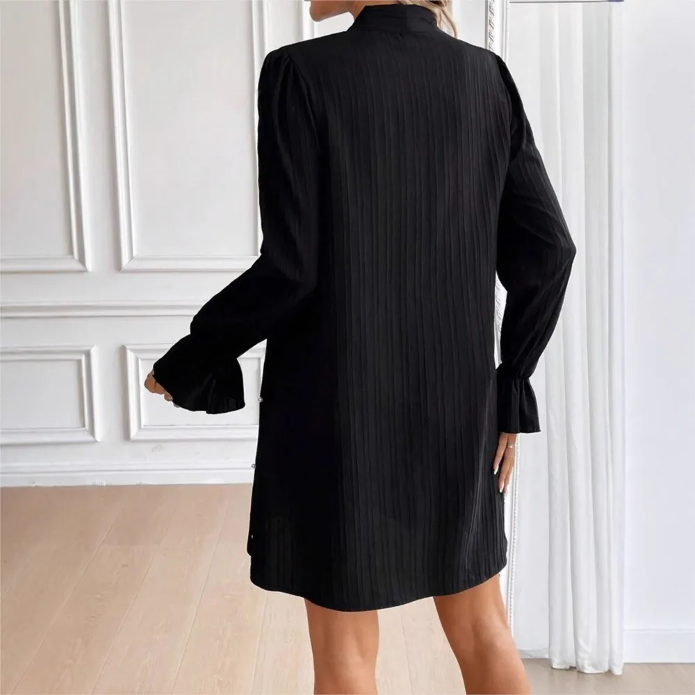Fashion Beaded Loose Women's Lotus Leaf Long-sleeved Dress New Spring Summer Stand-up Collar Tie Elegant Female Vacation Dresses