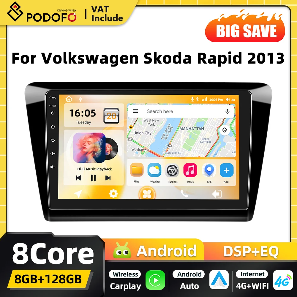 Podofo 8Core Carplay Android Auto Autoradio für Volkswagen Skoda Rapid 2013 GPS Navigation DSP WIFI FM RDS DSP 2DIN Autoradio