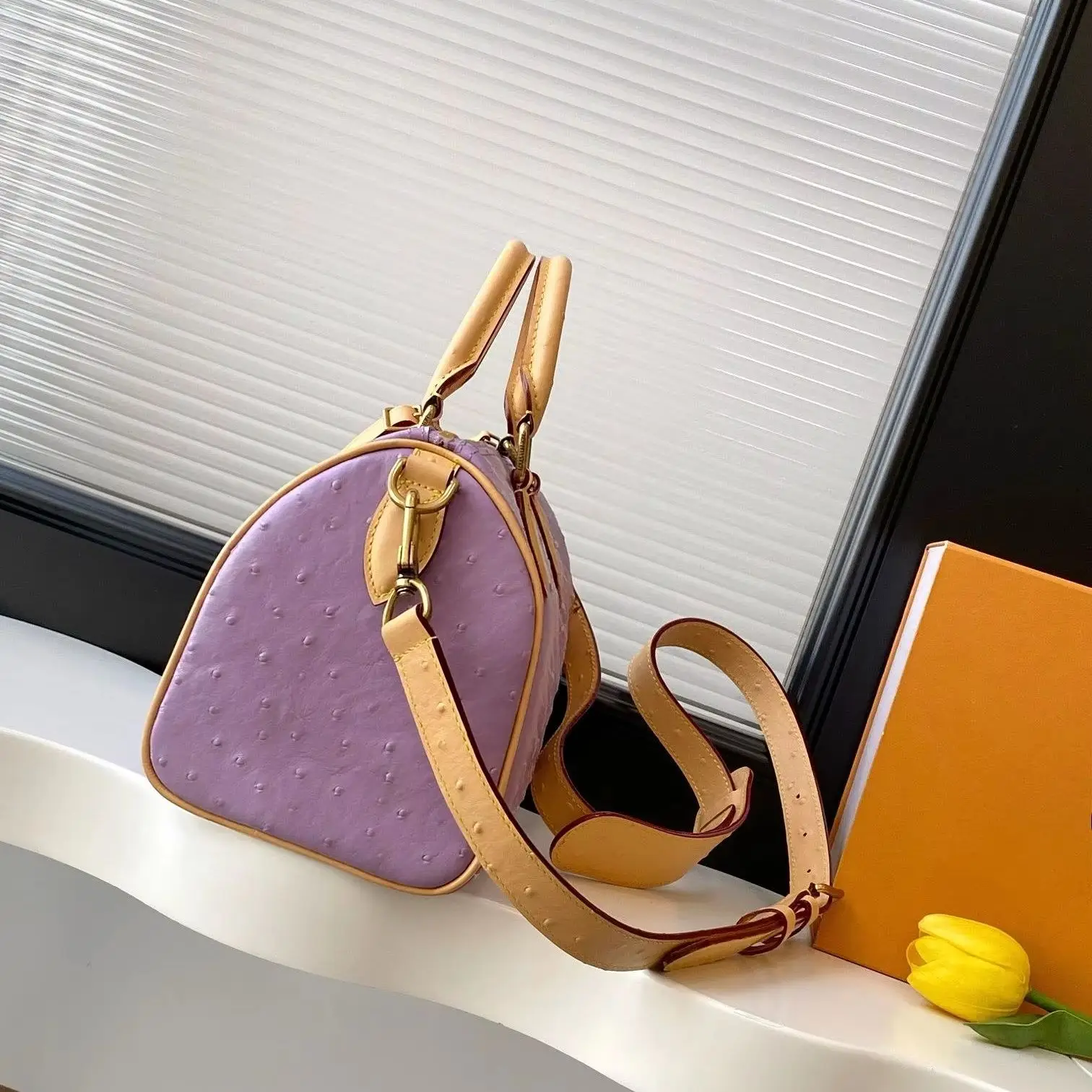 Lavender Ostrich Embossed Mini Boston Handbag for Women, Natural Cow Trim Top Handle Crossbody Bag, Vintage Zipper Shoulder Purse
