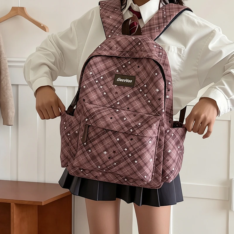 Plaid Star Print Backpack for Teen Girls Large Capacity Nylon School Bag Multi‑pocket Lightweight Casual Travel Rucksack