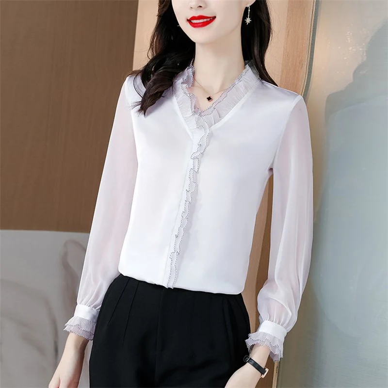 Women Ruffles V Neck Elegant Blouse New Korean Fashion Long Sleeve Business Casual Office Lady Shirt Solid Slim Chic Tops Blusas