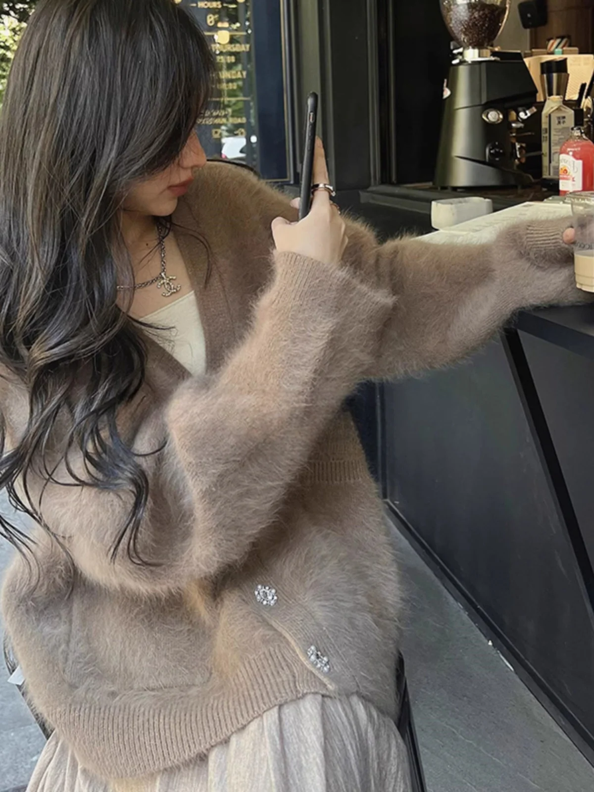 French Retro Women Black Elegant Button Cardigan Knitted Tops Autumn Winter Fashion Brown V-neck Office Lady Long Sleeve Sweater